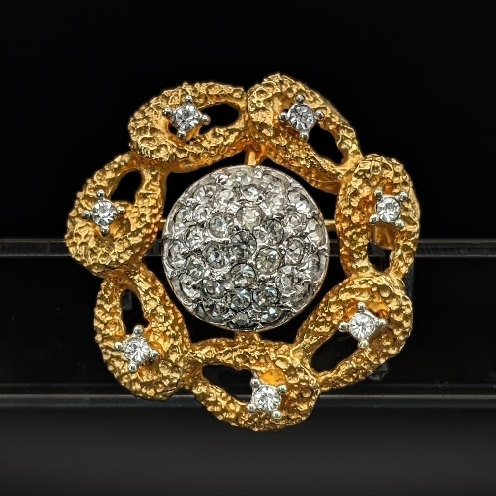 VINTAGE Gold Silver Rhinestone Pavé Textured Two Toned Brooch - Unsigned Beauty